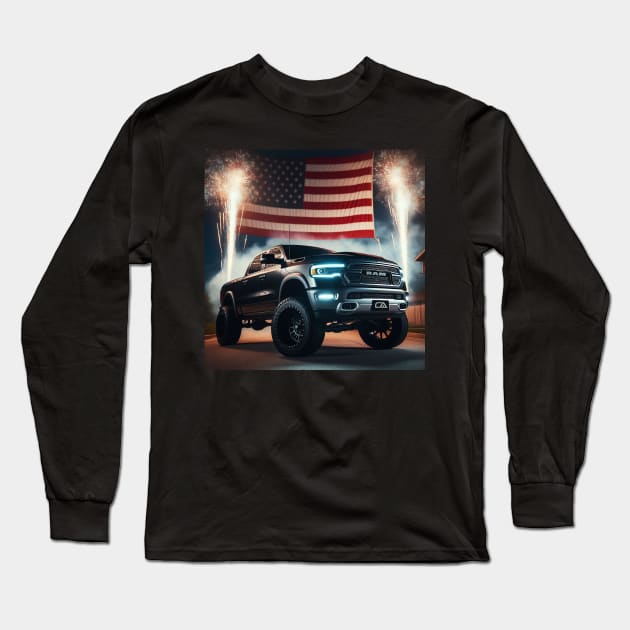 Dodge Ram and The American Flag by Gas Autos Long Sleeve T-Shirt by GasAut0s